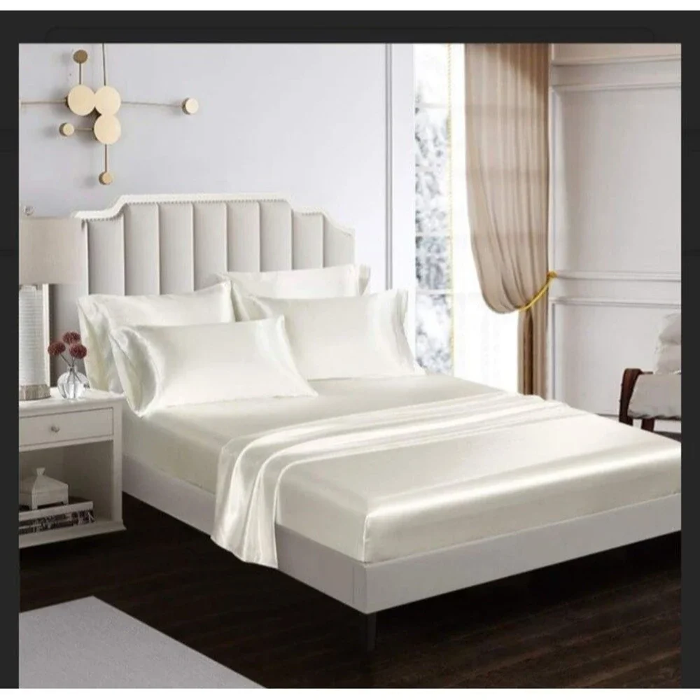 AiMay 6 Piece Satin Bedding Sheet Set Queen Off White Deep Pocket
